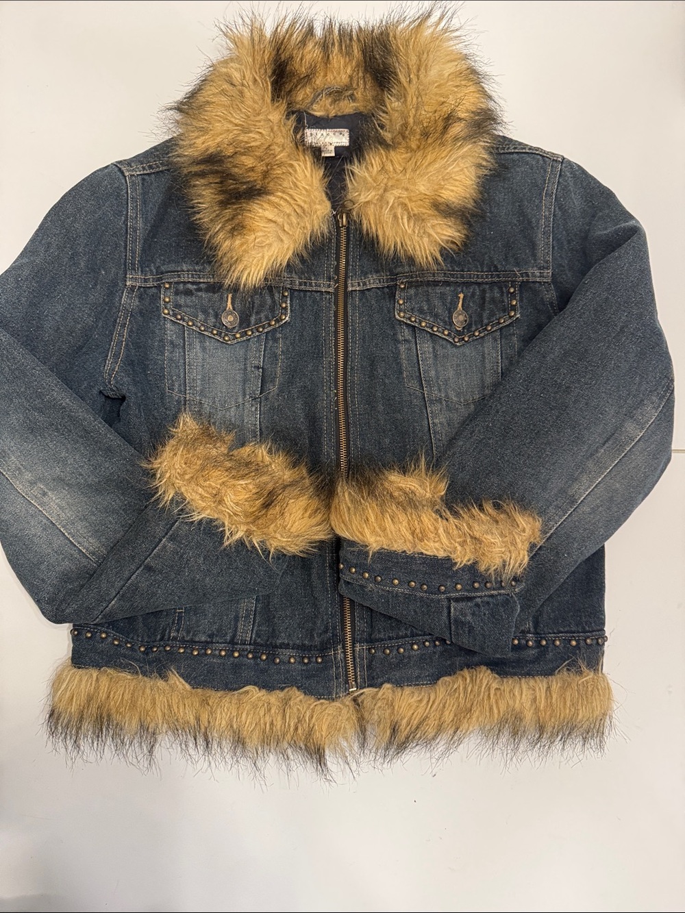 Gallery Y2K penny lane collared Dark Blue Denim Jacket with Tan Faux Fur Trim